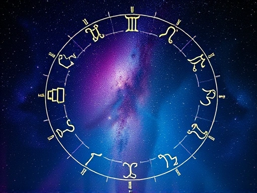 다채로운 별들이 빛나는 밤하늘 아래, 각 별자리 심볼들이 아름답게 배열되어 있으며, 신비롭고 영적인 분위기