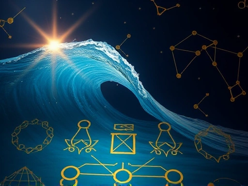 황금색으로 빛나는 별자리 기호들이 겹쳐진 추상적인 패턴 위로, 깨달음을 상징하는 빛의 파동이 은은하게 퍼져나가는 클로즈업 이미지