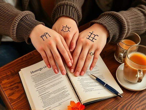 두 손을 맞잡은 커플의 손 위에 각자의 별자리 심볼이 새겨진 모습