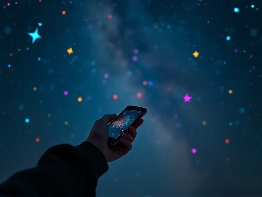 다채로운 빛깔의 별들이 밤하늘에 반짝이는 몽환적인 배경에, 짝사랑 상대의 별자리를 찾는 듯한 한 인물이 스마트폰을 들고 있는 모습