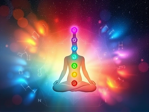 별자리 상징과 함께 빛나는 다채로운 차크라 에너지들이 조화롭게 어우러진 신비로운 장면