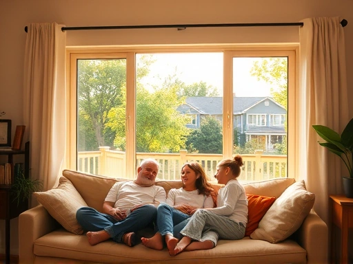 따뜻한 햇살이 비추는 아늑한 거실에서 가족이 평화롭게 쉬고 있는 모습