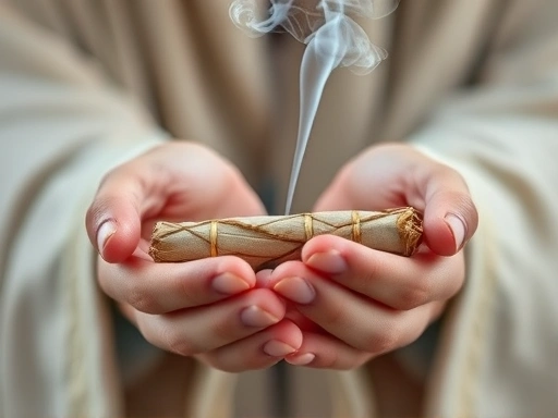 A close-up shot of hands holding a smudging stick (sage or palo santo) with smoke gently rising, symbolizing spiritual cleansing and the purification of negative energies from a space.
