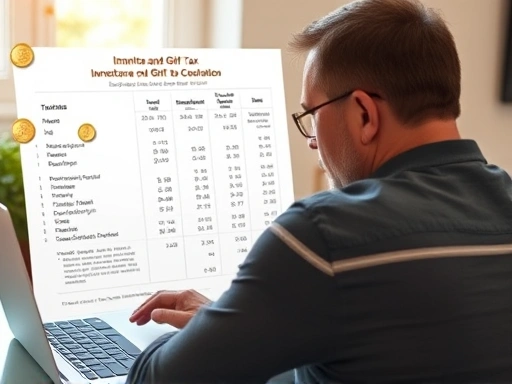 한 남성이 노트북 앞에서 복잡한 상속세와 증여세 계산표를 들여다보며 재산 이전 계획을 세우는 모습