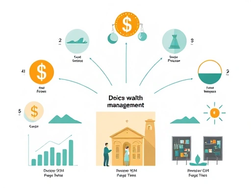 다양한 연금 유형과 투자 자산이 유기적으로 연결되어 재정적 성공을 이루는 모습