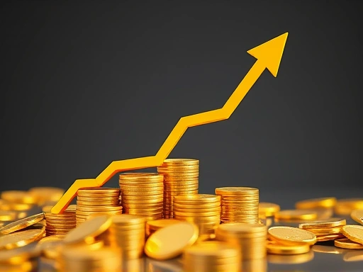 개념적인 재물운을 상징하는 황금빛 동전과 화살표, 성공의 상징인 그래프가 상승하는 배경으로, 미래를 향한 희망적인 움직임을 암시하는 장면