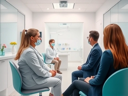 미용 시술을 고려하는 사람이 의료진과 상담하는 밝고 전문적인 분위기