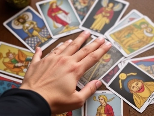 타로 카드 스프레드 위로 손이 놓여 있고, 한 장의 카드를 집중적으로 클로즈업하여 보여주는 장면