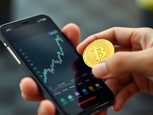 스마트폰 화면에 투자 그래프가 보이고 손으로 재물운을 상징하는 황금 동전을 잡고 있는 모습