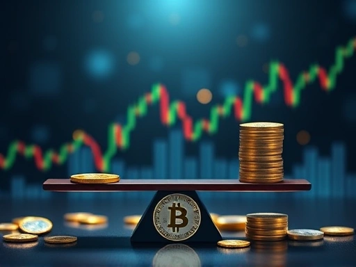 암호화폐 차트와 재물운을 상징하는 동전들이 함께 있는 장면