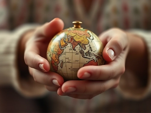 A close-up shot of a person's hands gently holding a small, vintage globe or a travel guide, with a soft, ethereal light filtering through, suggesting contemplation and planning.