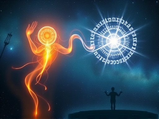 A serene, ethereal scene depicting two glowing, interconnected energy forms against a cosmic background, symbolizing a multidimensional spiritual connection, with subtle spiritual symbols in the dista...