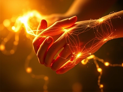 A close-up of intertwining luminous energy threads, subtly resembling two hands or a heart, bathed in soft, warm light, representing the deep spiritual bond and energetic exchange of a soul connection...