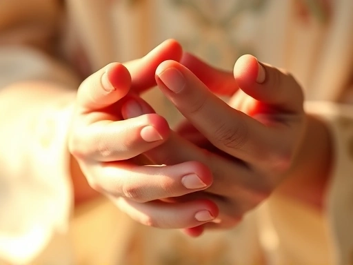 Close-up of hands gently clasped in prayer or resting peacefully, illuminated by a soft, warm light, with subtle astrological symbols faintly visible, emphasizing inner peace and personal reflection f...