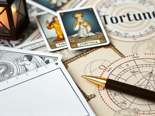 운세 해석을 돕는 타로 카드와 별자리 차트가 클로즈업된 장면