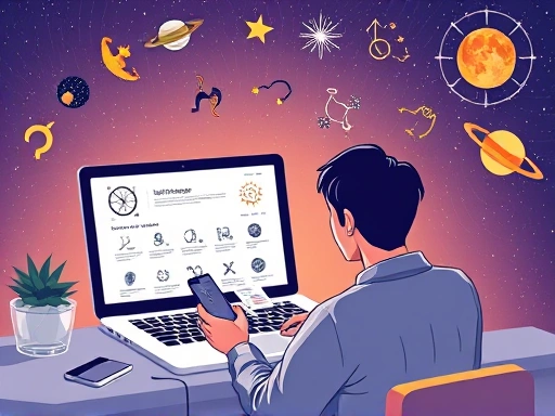 다양한 운세 정보가 펼쳐진 노트북 화면과 스마트폰, 그 앞에 앉아 신중하게 운세를 확인하는 사람의 모습