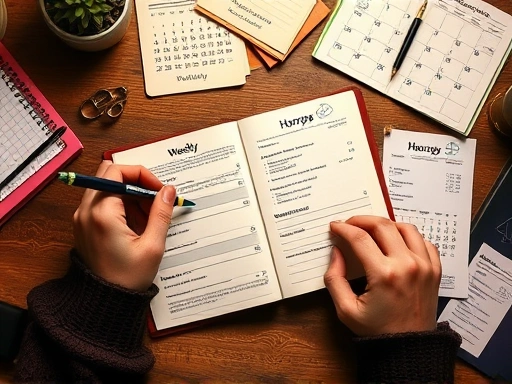 다이어리에 주간 운세와 일일 운세 정보를 바탕으로 일주일 계획을 꼼꼼하게 작성하는 손과 펜, 주변에 캘린더와 메모지가 놓여있는 책상 장면