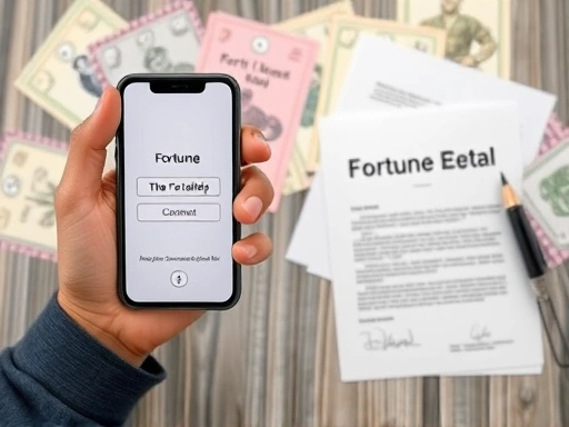 다양한 운세 카드를 배경으로, 한 손에는 스마트폰으로 운세 앱을 보고 다른 손으로는 법률 서류를 쥐고 있는 사람의 모습