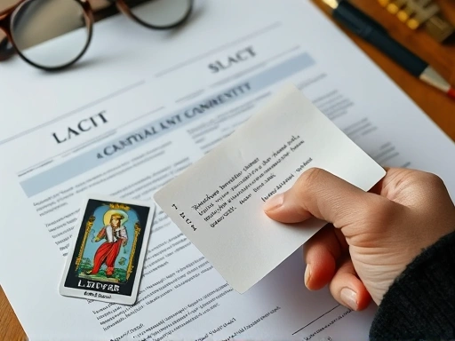 클로즈업 된 손이 법률 서류 위에 '변호사 상담'이라고 쓰인 메모지를 올려놓고, 그 옆에는 작은 타로 카드 한 장이 놓여 있다.