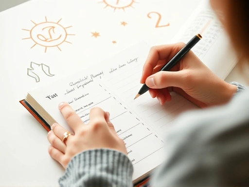 A person thoughtfully writing down goals in a planner, with abstract, subtle fortune-telling symbols (e.