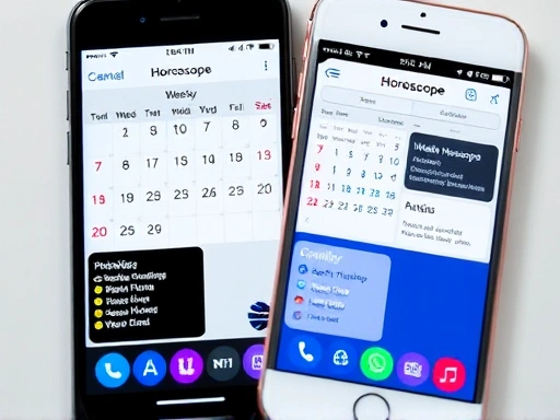 두 개의 스마트폰 화면에 각각 '일일 운세'와 '주간 운세' 앱이 열려 있으며, 그 사이로 달력과 스케줄러가 펼쳐져 있는 클로즈업 샷, 운세 정보의 비교와 통합.