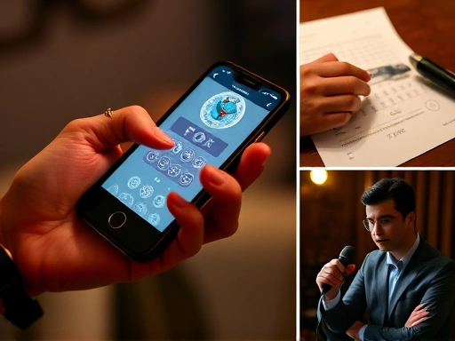 시험지, 마이크, 면접관이 클로즈업된 장면