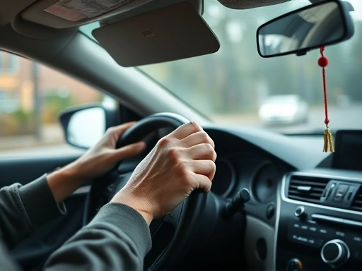 운전 중인 차량 대시보드에 전통적인 안전 부적이나 작은 상징물이 놓여 있고, 운전자의 손이 운전대를 잡고 있는 클로즈업 장면