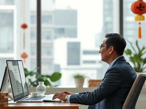 직장인이 이직 타이밍을 신중하게 고민하며, 재물운과 직장운을 상징하는 동양적 배경 요소들이 은은하게 어우러진 현대적인 장면