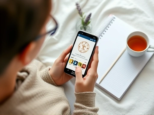 A person calmly reflecting on their day while looking at a smartphone with a horoscope app, surrounded by peaceful, prepared items like a planner and a cup of tea, emphasizing daily horoscope preparat...