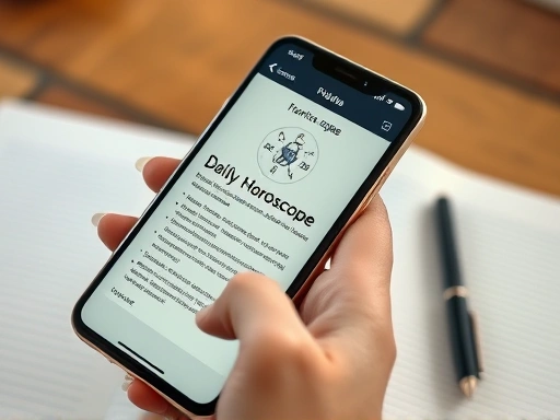 Close-up of a hand holding a smartphone displaying a detailed daily horoscope, with a pen and notebook nearby, symbolizing active preparation and planning based on tomorrow's fortune and self-reflecti...