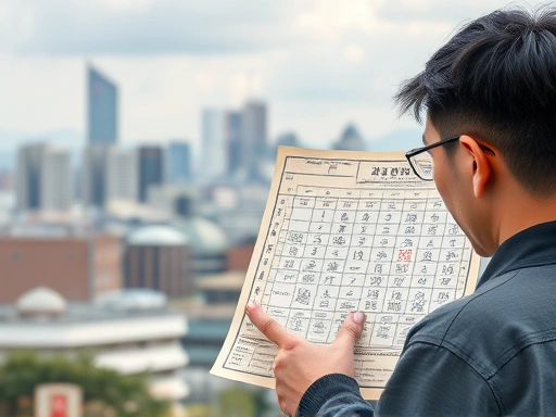 A thoughtful person examining a traditional Korean fortune-telling chart, with a modern city skyline in the background, symbolizing the blend of traditional wisdom and contemporary life for daily and...