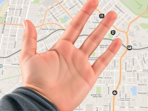 A close-up view of a hand highlighting various amenities like schools, parks, and transportation routes on a detailed map of a neighborhood, emphasizing the practical aspects of choosing a new residen...