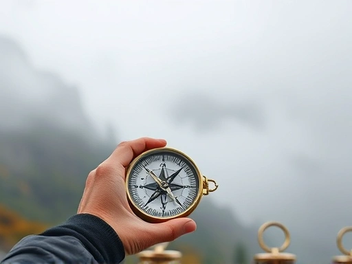 개인이 변화하는 지구의 환경 속에서 유연하게 대처하기 위해 나침반을 들고 길을 찾는 모습