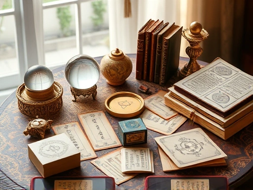 다양한 종류의 운세 카드와 크리스탈 볼, 고서들이 놓인 테이블 위로 부드러운 빛이 비치는 풍경으로, 일상 운세와 특별한 날 운세의 지혜로운 활용을 상징합니다.