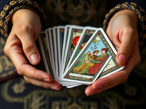 두 손이 부드럽게 타로 카드를 펼치고 있는 클로즈업 이미지