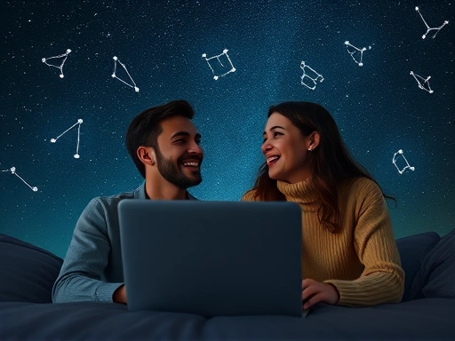 밤하늘 별자리를 배경으로, 서로 다른 도시에 있는 두 연인이 노트북으로 영상 통화를 하며 웃고 있는 모습
