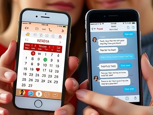 두 개의 스마트폰 화면에 별자리 심볼이 있는 연인들의 모습