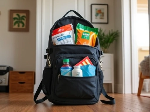 An emergency kit backpack, fully packed with essential supplies, standing ready in a safe, well-organized home corner, with a subtle natural light and a calm atmosphere, symbolizing proactive natural...