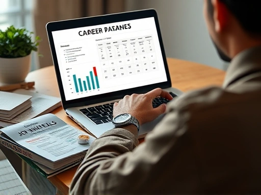 개인이 노트북 앞에 앉아 자신의 경력과 재정 상태를 분석하는 클로즈업 장면