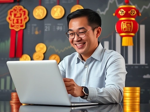 동양적인 재물운 상징물(예: 금화, 부적)과 서양적인 투자 지표(차트, 그래프)가 조화롭게 어우러진 배경에서 한 인물이 노트북으로 재테크를 분석하며 미소 짓는 장면