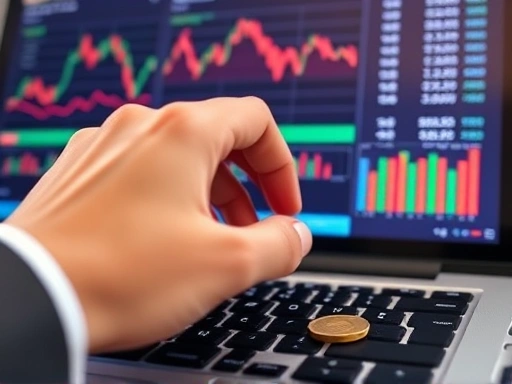 클로즈업된 손이 노트북 키보드 위에서 그래프와 숫자가 가득한 재테크 화면을 조작하고 있으며, 그 옆에 작은 동전이 놓여있어 재물운과 투자 의사결정을 구체적으로 묘사