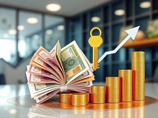 다채로운 금전, 열쇠, 그리고 상승하는 그래프가 현대적인 배경에서 조화롭게 어우러진 추상적인 이미지