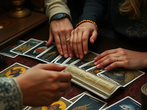 타로 리더와 내담자가 손을 마주 잡고 타로 카드 배열을 바라보는 클로즈업 장면