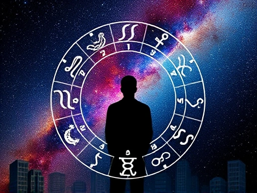 다채로운 색상의 우주와 은하수가 펼쳐진 배경에 12개의 별자리 상징이 원형으로 배치되어 있는 모습