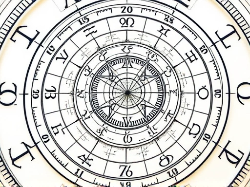 여러 행성과 별자리 기호들이 복잡하게 얽힌 점성술 차트가 클로즈업된 모습