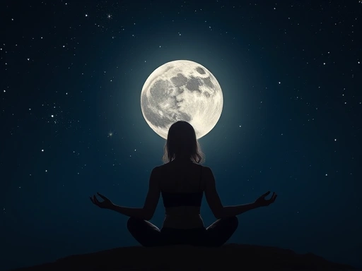 밤하늘에 떠오른 보름달 아래서 한 여성이 명상하는 모습