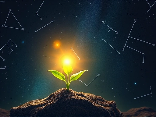 별자리가 그려진 우주 배경에, 사업 시작을 상징하는 밝게 빛나는 씨앗이 싹을 틔우는 모습