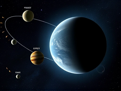 밤하늘을 배경으로 다양한 행성들이 지구 주위를 공전하며 역행하는 것처럼 보이는 현상을 점성술 관점에서 설명하는 이미지