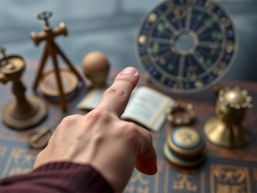 고대 천문학 도구와 현대 점성술 심볼이 조화롭게 놓인 책상 위, 손가락으로 역행하는 행성의 궤적을 가리키는 모습