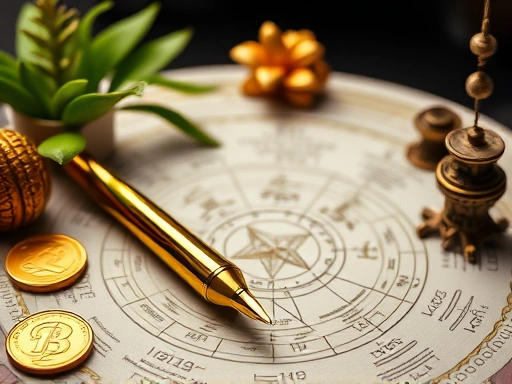 고급스러운 점성술 차트 위에 금색 펜이 놓여 있고, 그 옆에는 재물과 성공을 상징하는 동전과 번영하는 식물이 함께 클로즈업된 모습